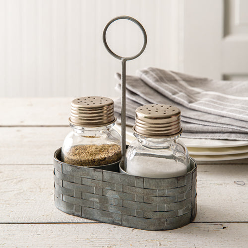 Galvanized Salt and Pepper Caddy with Ring