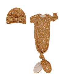 Mustard Floral Bamboo Gown and Hat Newborn Baby Gift Set