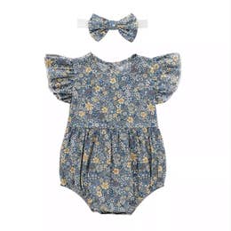 Tiny Azure Floral Flutter Sleeve Bubble Romper and Headband