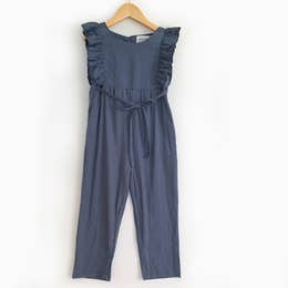 Navy Blue Linen Ruffle Romper with Pants